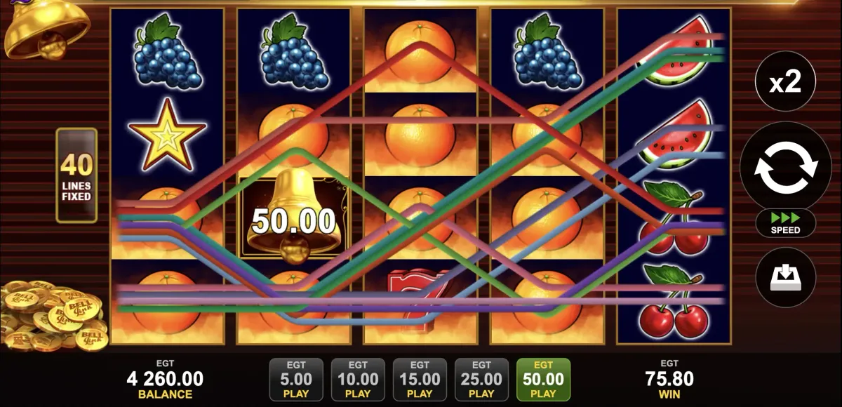 40 Super Hot Klassischer Spielautomat zeigt Gewinn mit Glocke und Obst auf Walzen