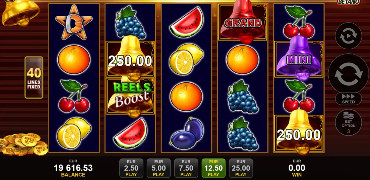 40 Super Hot Online Spielautomat mit bunten Frucht- und Glockensymbolen auf den Walzen